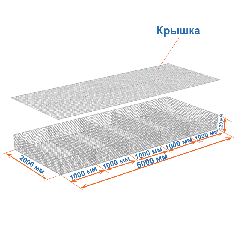 Габион матрац ГСИ-М 5х2х0,23 оцинкованный, Ø проволоки 2,4 мм, размер ячейки 6х8 см фото
